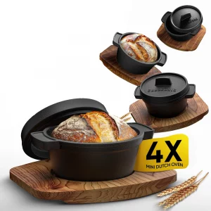 Mini Gusseisen Brotbackform Set – 300ml Brotbacktopf mit Deckel - 4Stk mit Holzuntersetze