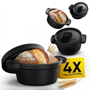 Mini Gusseisen Brotbackform Set – 300ml Brotbacktopf mit Deckel - 4Stk ohne Holzuntersetzer