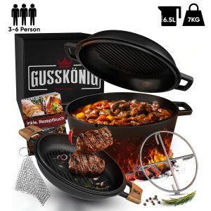 Dutch Oven mit Ledergriffen und praktischer Deckelpfanne