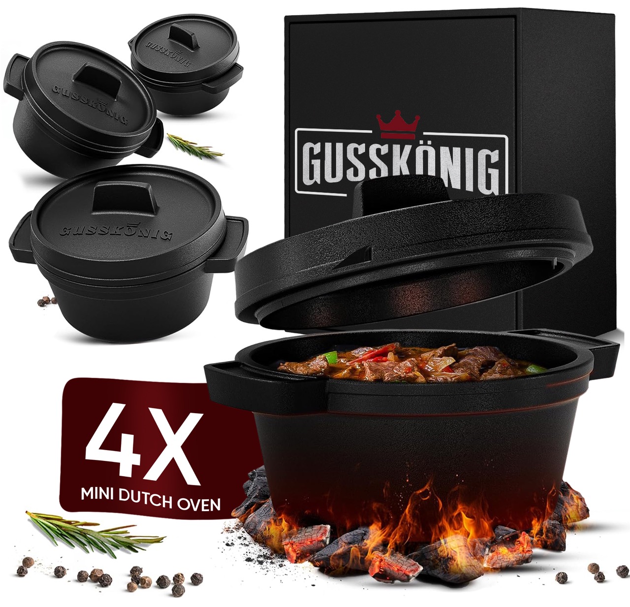 Dutch Oven Set Mini- 4Stk 300ml Gusseisen Mini Topf mit Deckel - 4Stk ohne Fuben