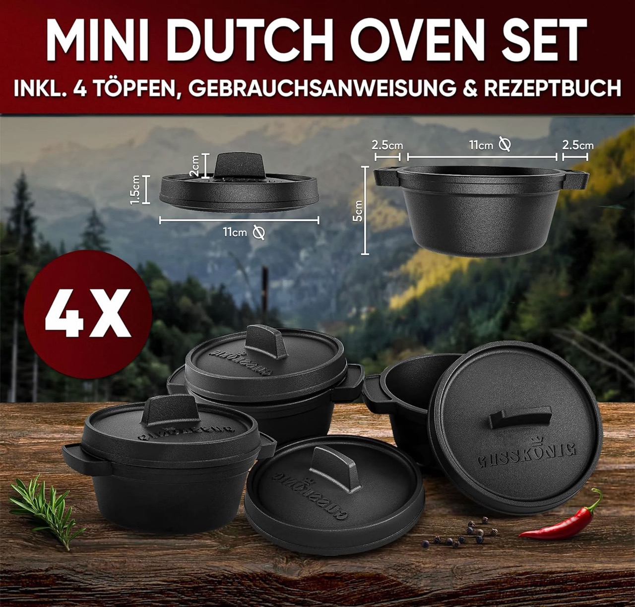 Dutch Oven Set Mini- 4Stk 300ml Gusseisen Mini Topf mit Deckel - 4Stk ohne Fuben – Bild 2