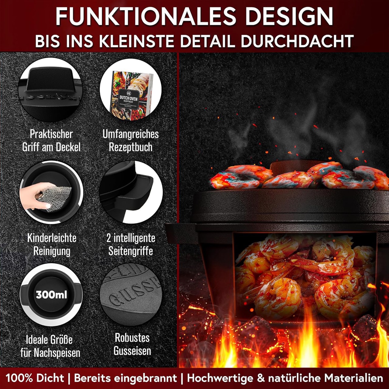 Dutch Oven Set Mini- 4Stk 300ml Gusseisen Mini Topf mit Deckel - 4Stk ohne Fuben – Bild 5